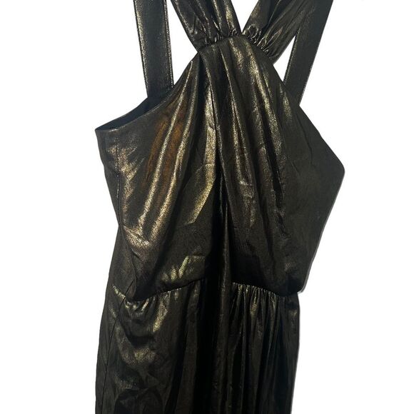Parker Black Gold Metallic Halter Maxi Gown Asymmetrical Formal Dress 6 - Picture 7 of 16